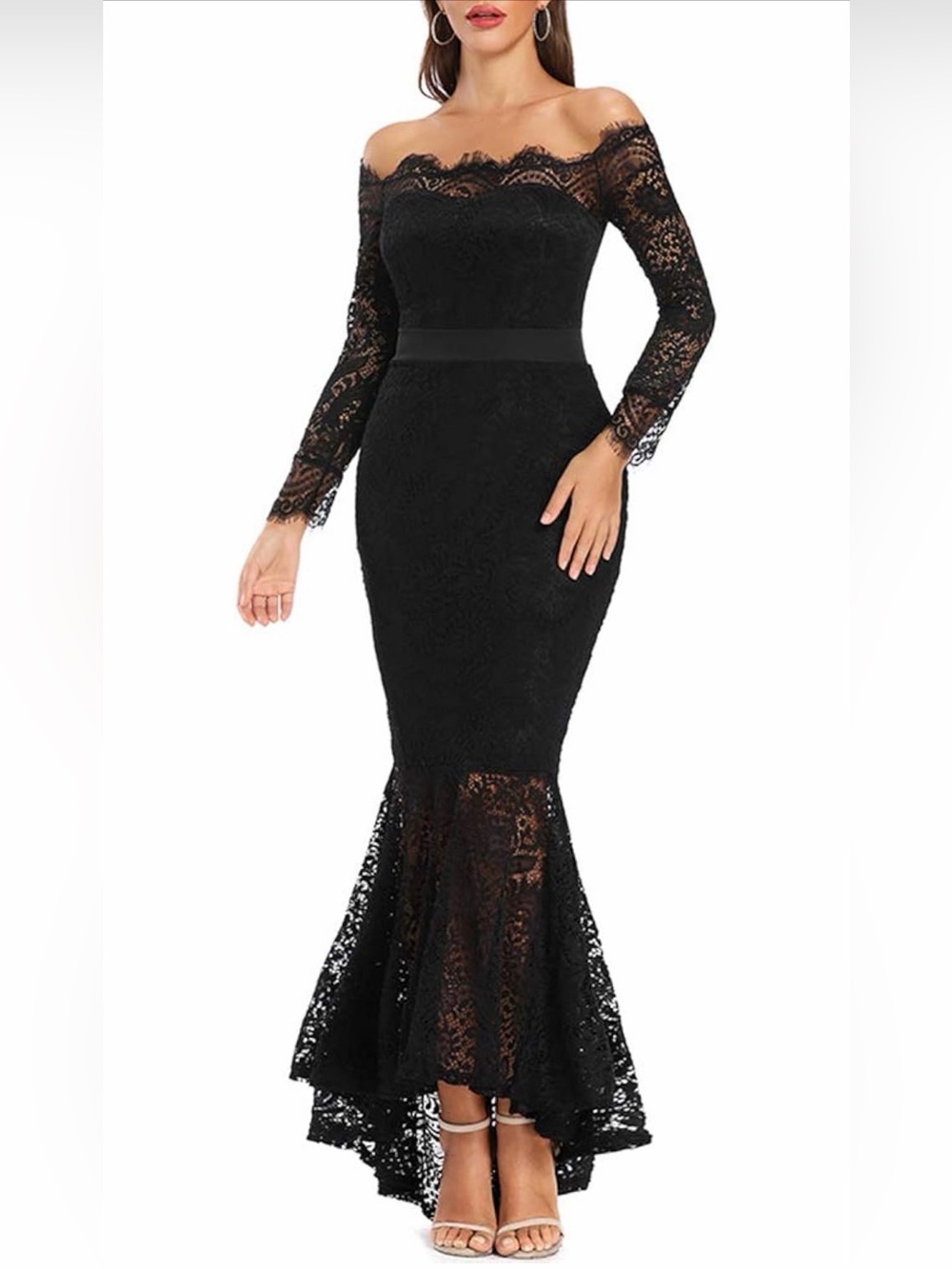 Black Lace Mermaid Maxi Evening Gown Sheer Long Sleeves Size L